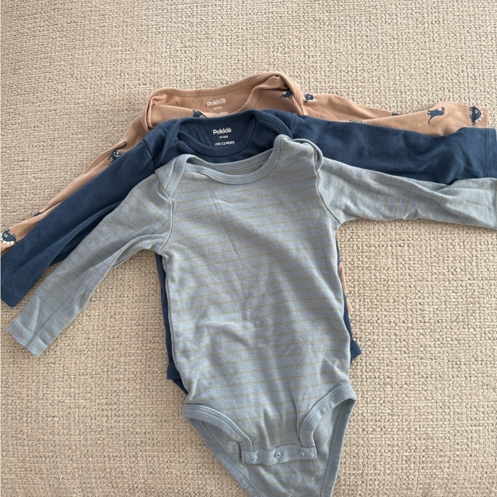 Pack of 3 Long Sleeve Baby Bodysuits - Blue, Gray, and Tan